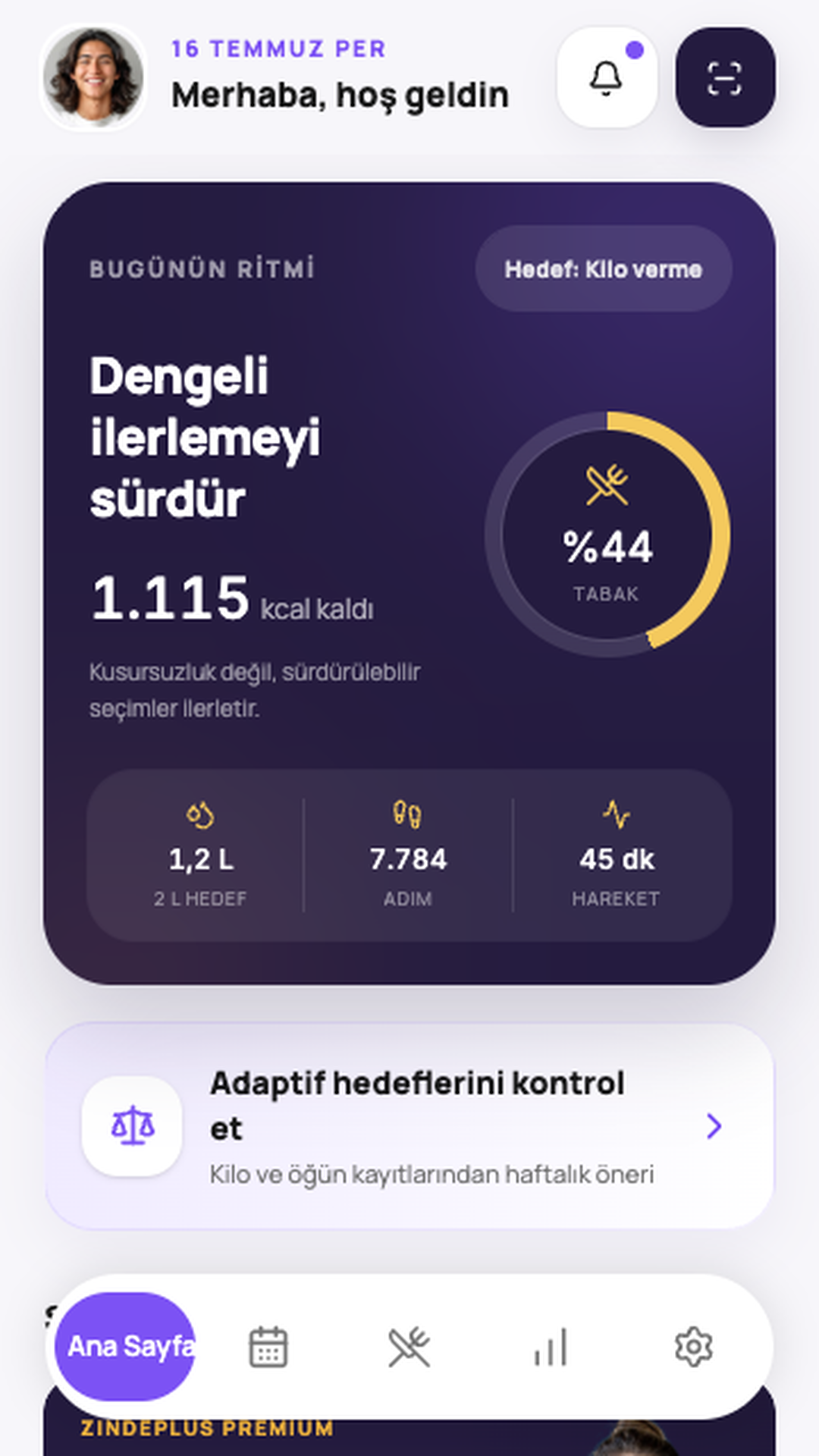 ZindePlus günlük denge ana ekranı