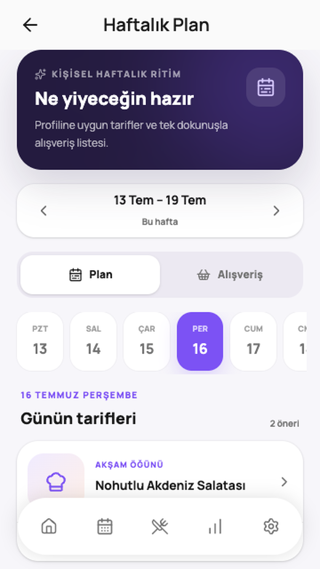 ZindePlus haftalık öğün planı ekranı